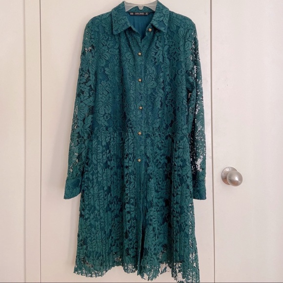 Zara Dresses & Skirts - Zara green lace shirt dress drop waist pleated bottom